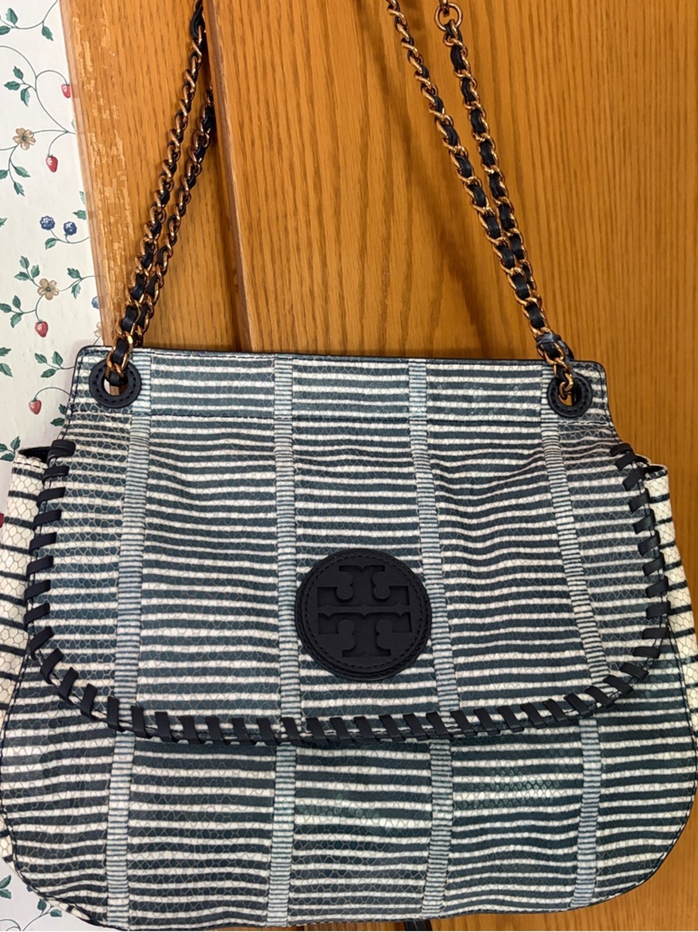 Tory Burch Navy and White Striped Whipstitch-Trim Shoulder Bag